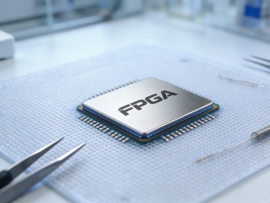 Engineer reviewing FPGA chip design on computer